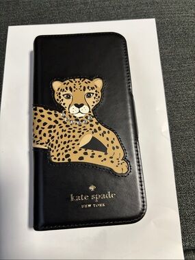 kate spade black wallet iPhone case with tan leopard appliqué